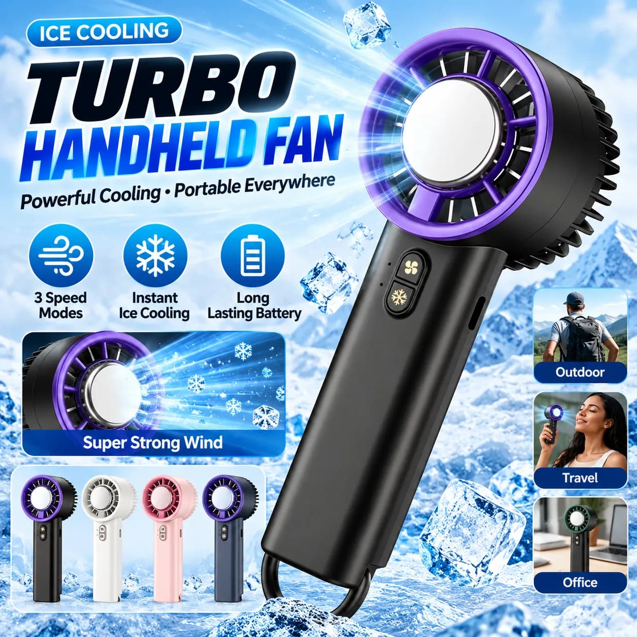 Ventilateur portable à main avec compresse de froid, 5 vitesses et options 120 vitesses