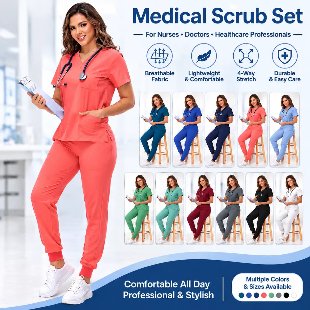 Ensemble de blouse médicale unisexe - Haut col V à manches courtes et pantalon long, évacuation de l'humidité