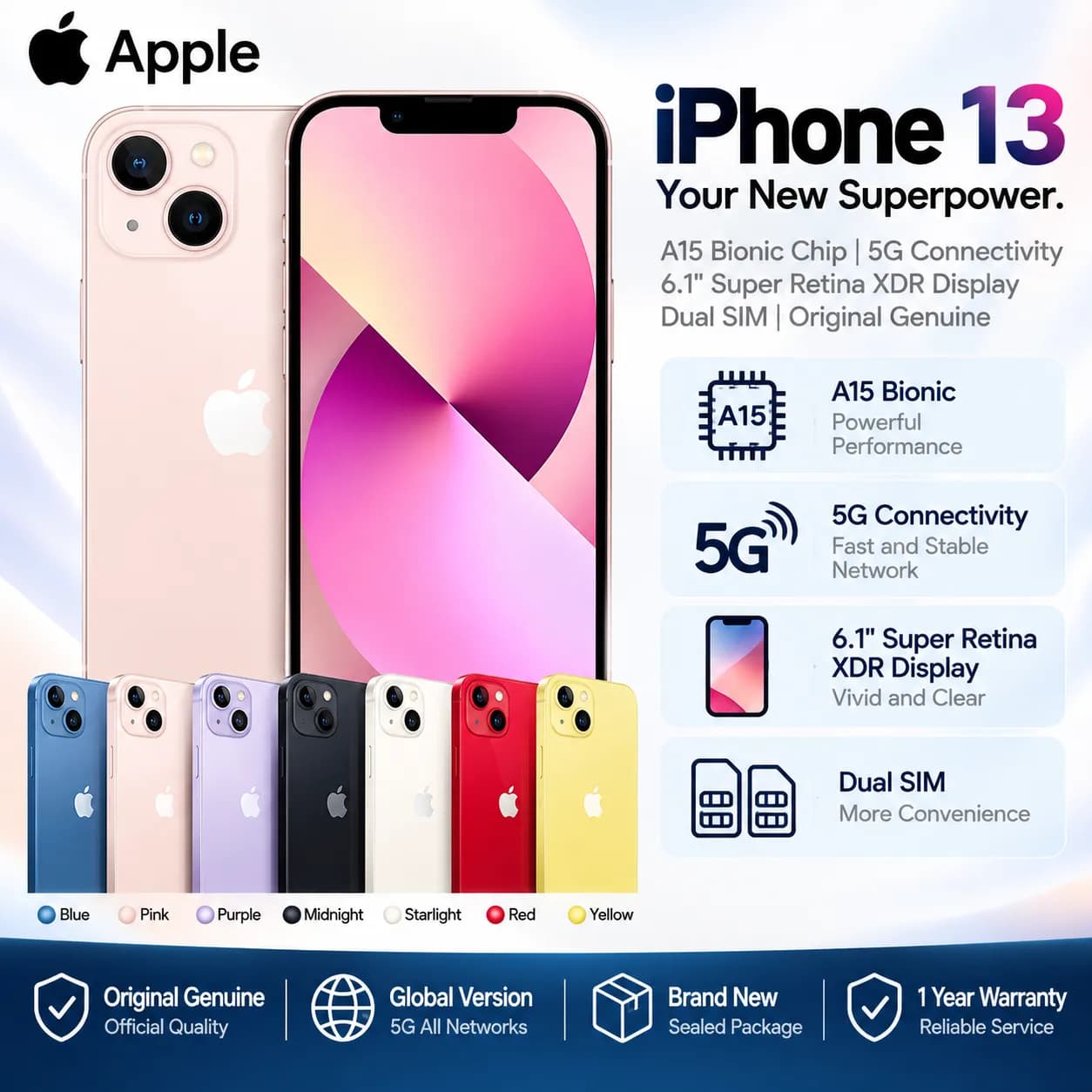 iphone 13 5G Smartphone with Dual SIM, 6.1" Display, 128GB/256GB, Multi-Color