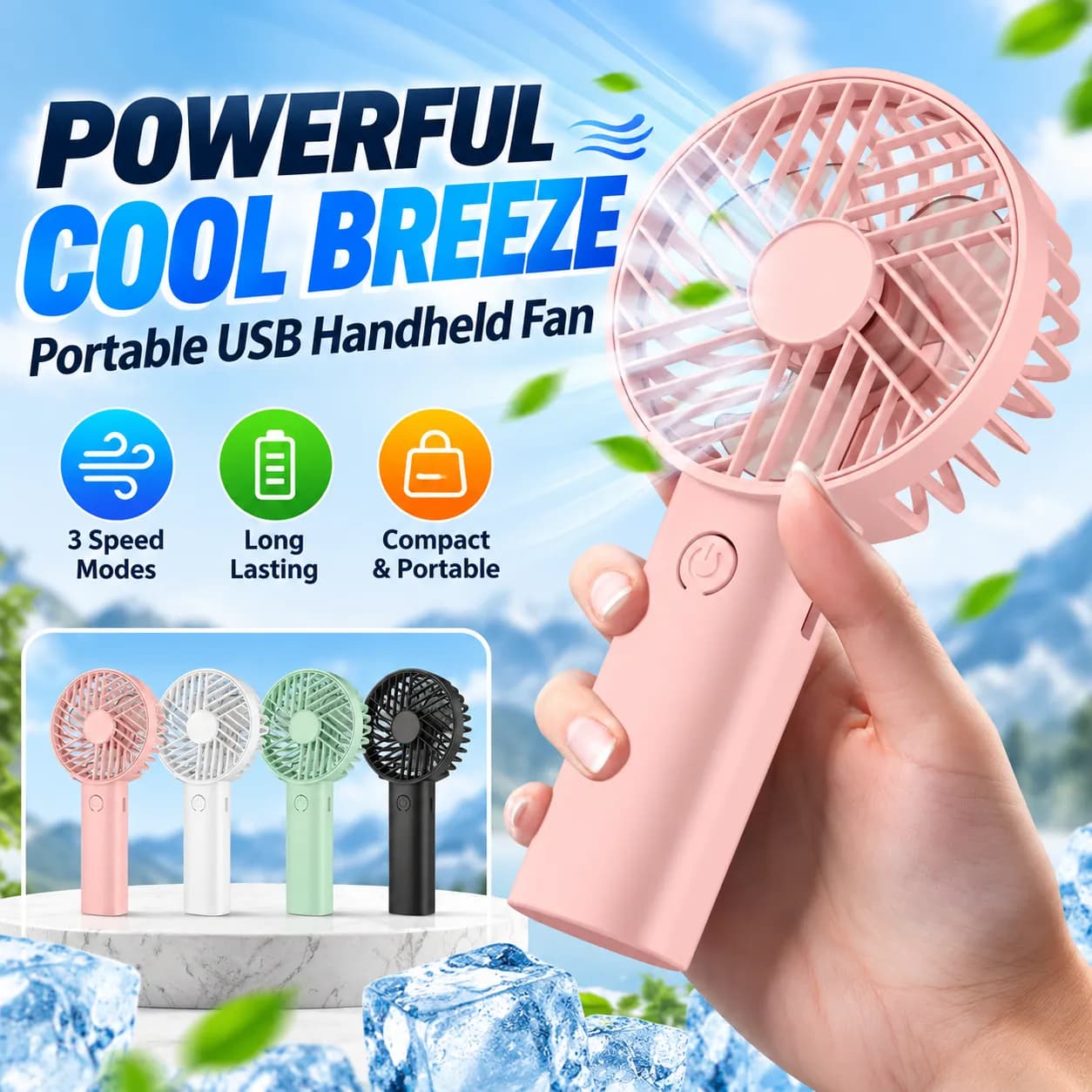 Ventilateur portable à main avec support téléphone – 3 vitesses, rechargeable, autonomie 3-6H