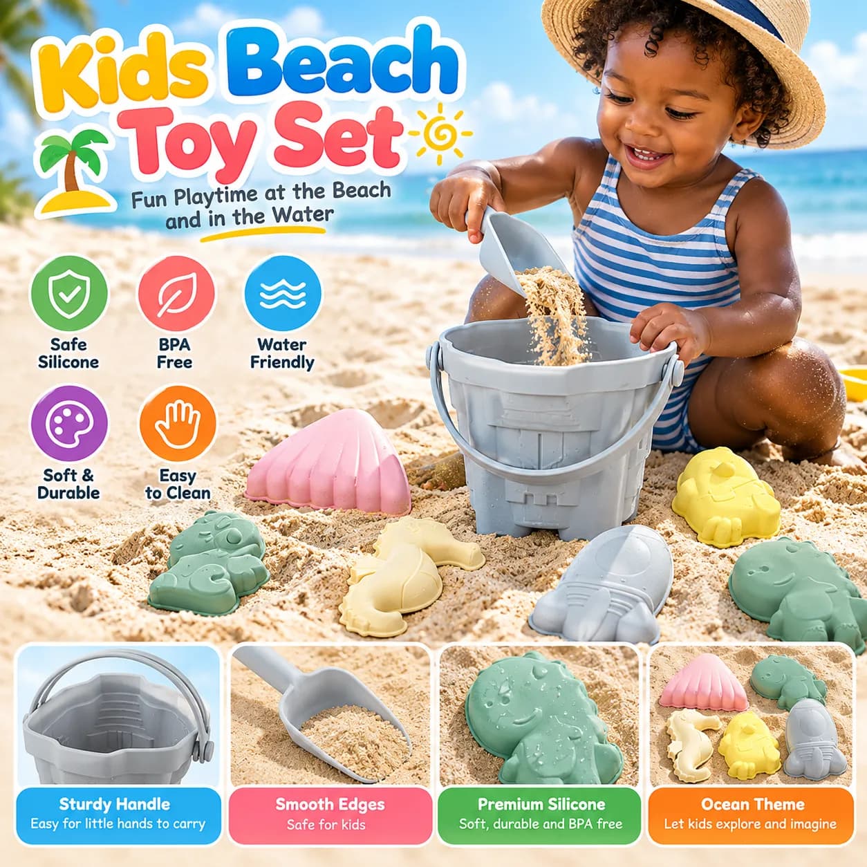 Set de jouets de plage et de sable pour enfants – kits seau et pelle de 6/8 pièces pour jeu en extérieur