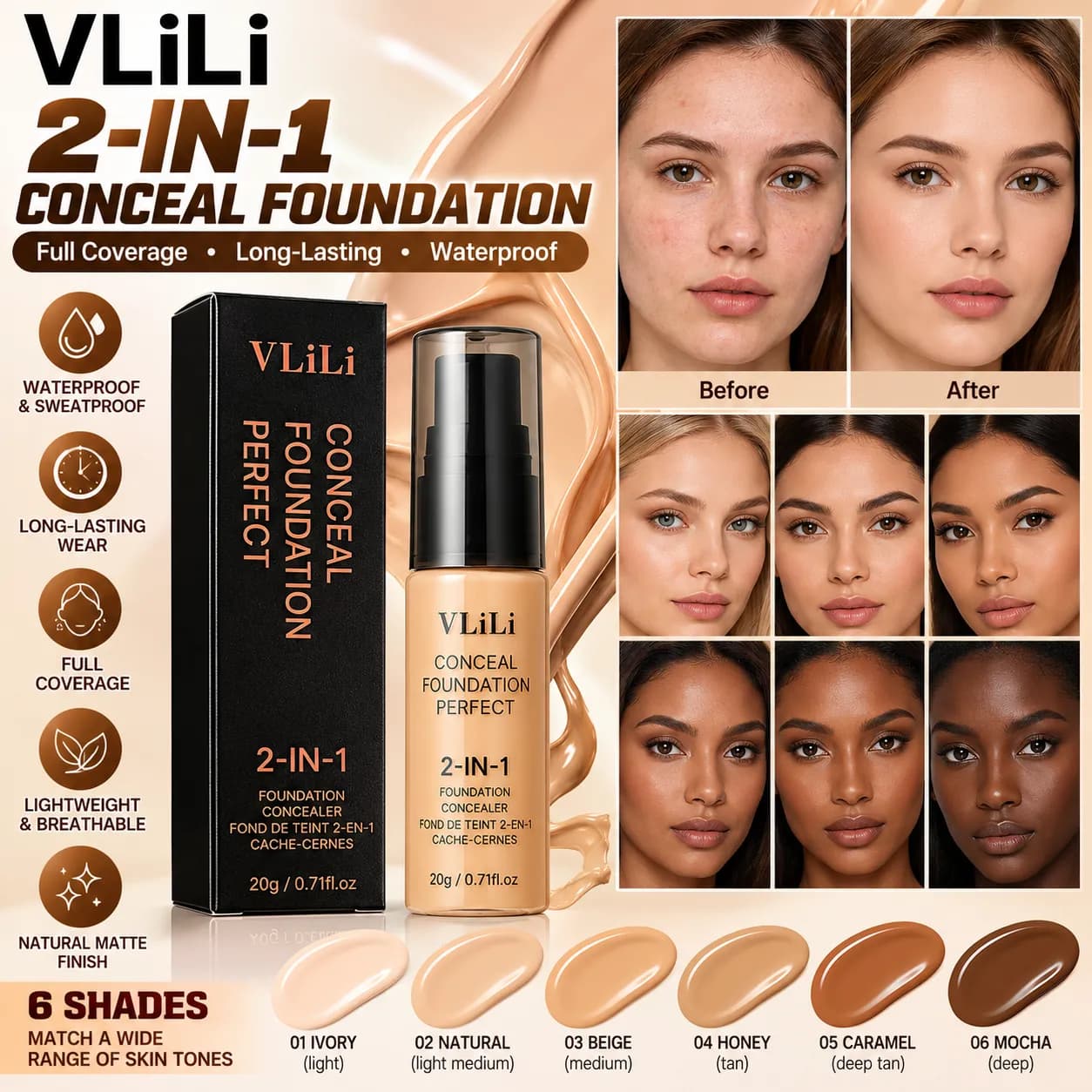 Concealer et fond de teint liquide 6 teintes – Couvrance totale, 20ml