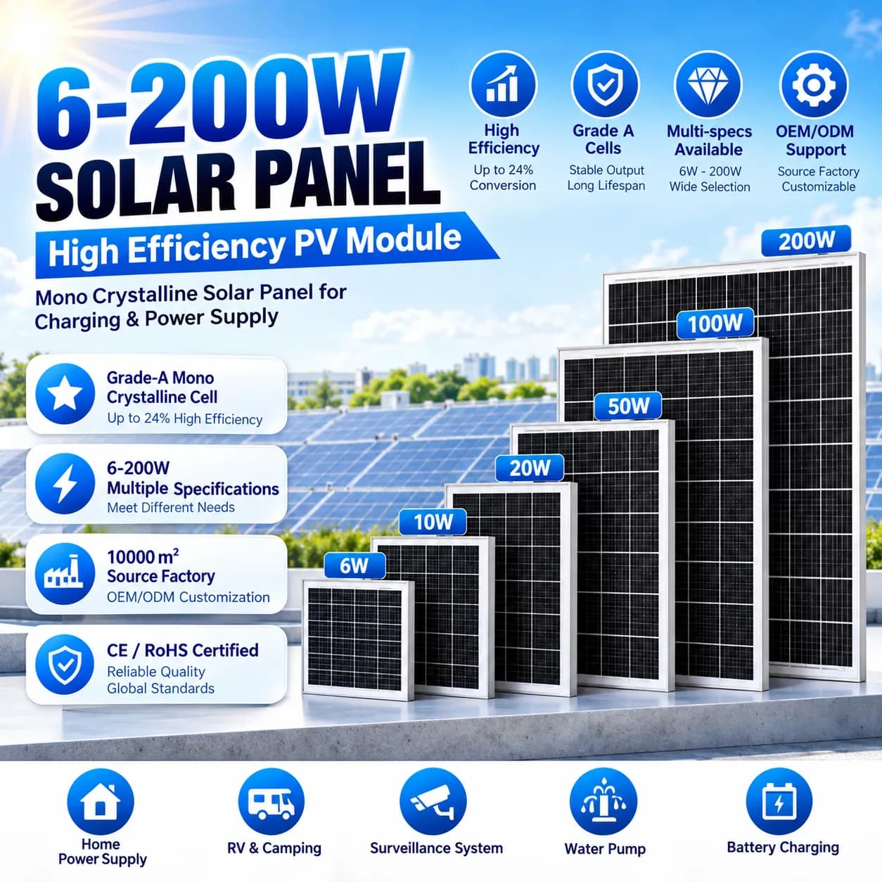 Monocrystalline Solar Panel – 10W to 200W Range for Off-Grid and DIY Projects