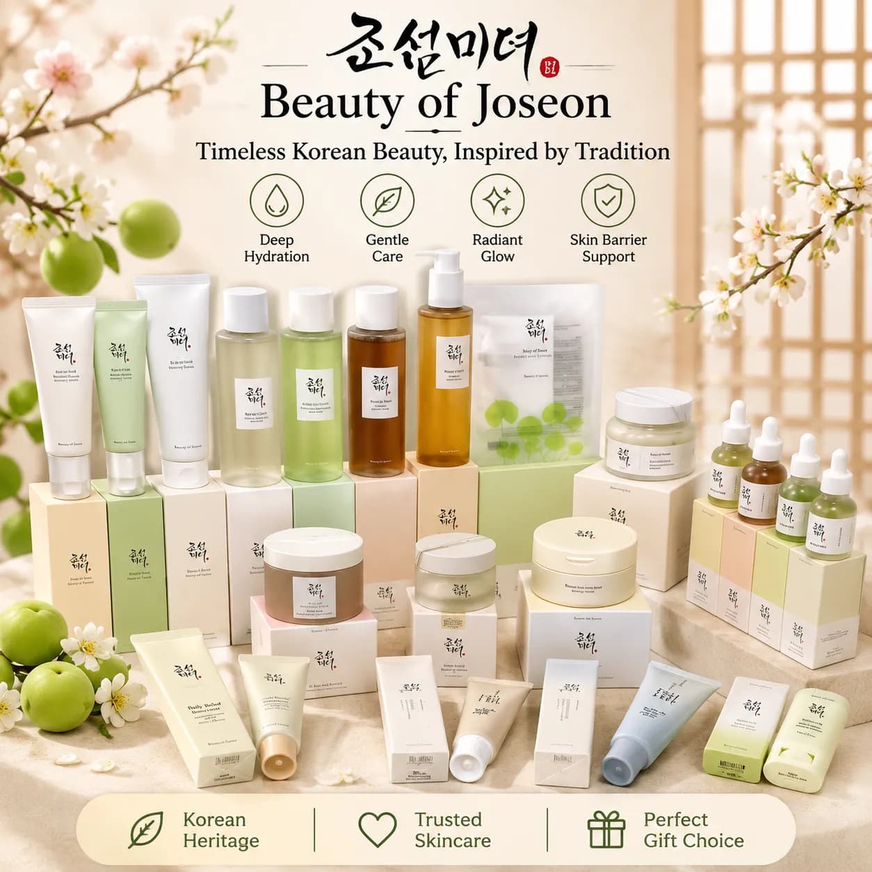 Collection de soins coréens : crème hydratante, masque argile, essence et plus