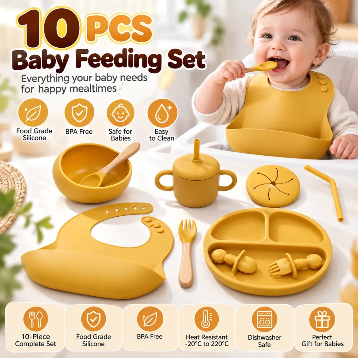 Set de repas bébé en silicone - 4/7/8/10 pièces sans BPA