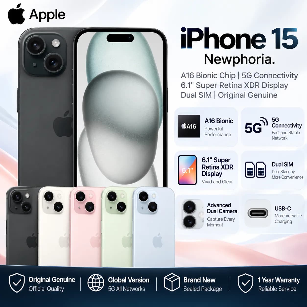 iphone 15 5G Smartphone with A16 Chip, Dual SIM, 128GB/256GB, Multi-Color