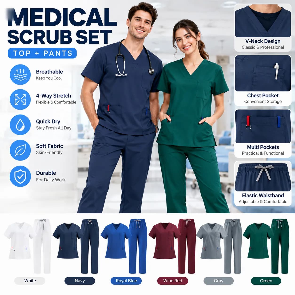Unisex V-Neck Scrub Set – Moisture-Wicking Medical Uniform