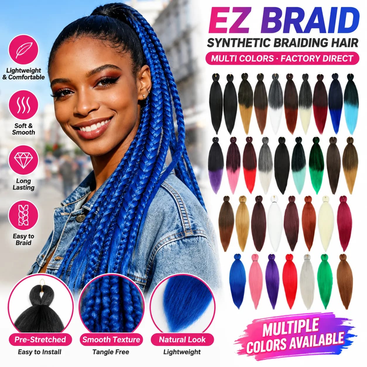 Extensions de cheveux tressés EZ – fibre haute température, 26", 90g, plus de 40 coloris