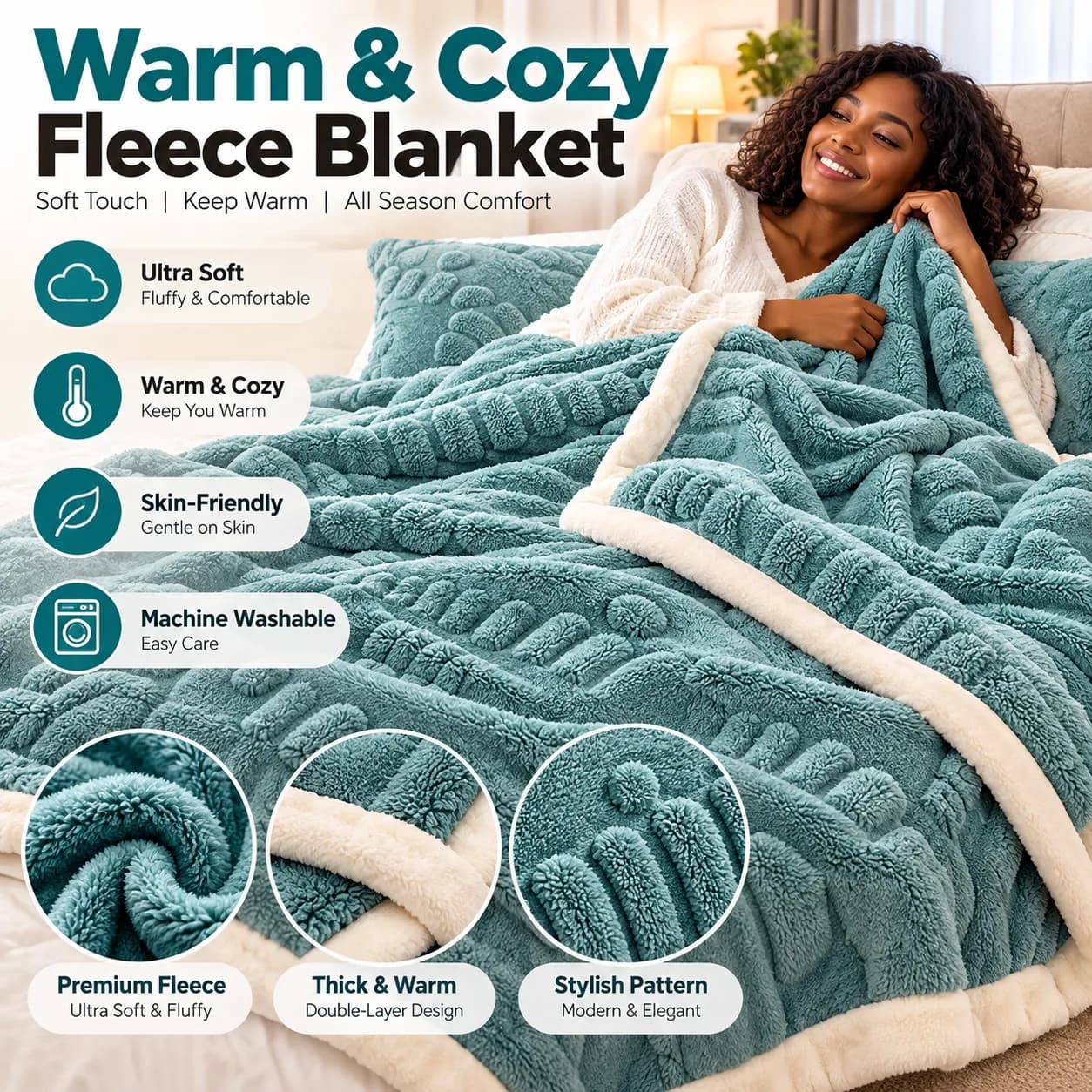 Plaid polaire doux – double face, motif gravé, tailles et couleurs multiples