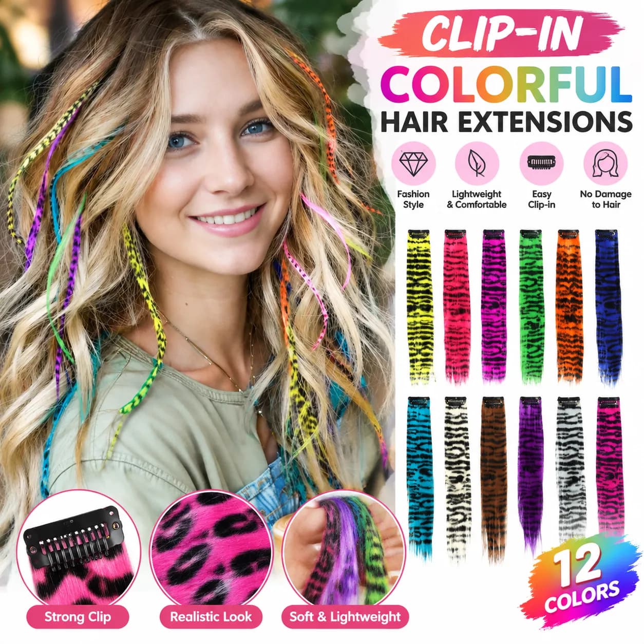 Extension cheveux à clip 46 cm lisse – fibre haute température, 29 couleurs, prête pour le gros