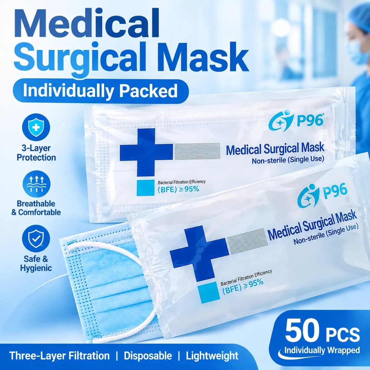 Masques chirurgicaux médicaux jetables 3 plis - emballés individuellement, élastiques