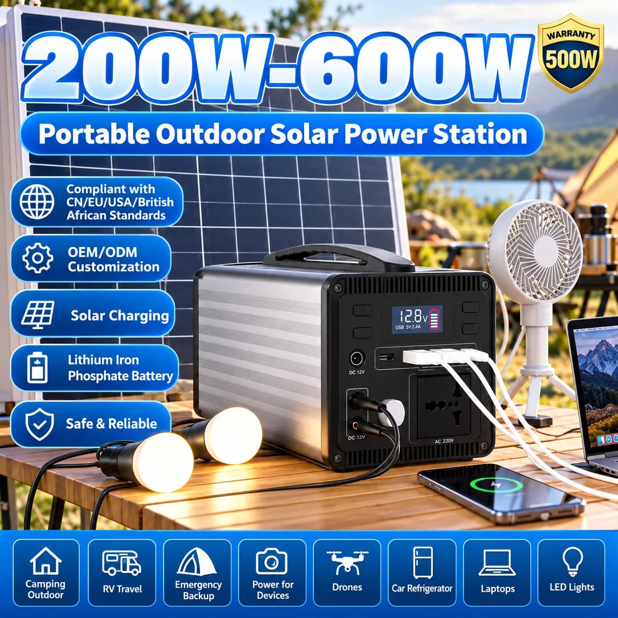 Station d'alimentation portable 200W-600W LiFePO4 et Li-ion générateur solaire pour extérieur et alimentation de secours