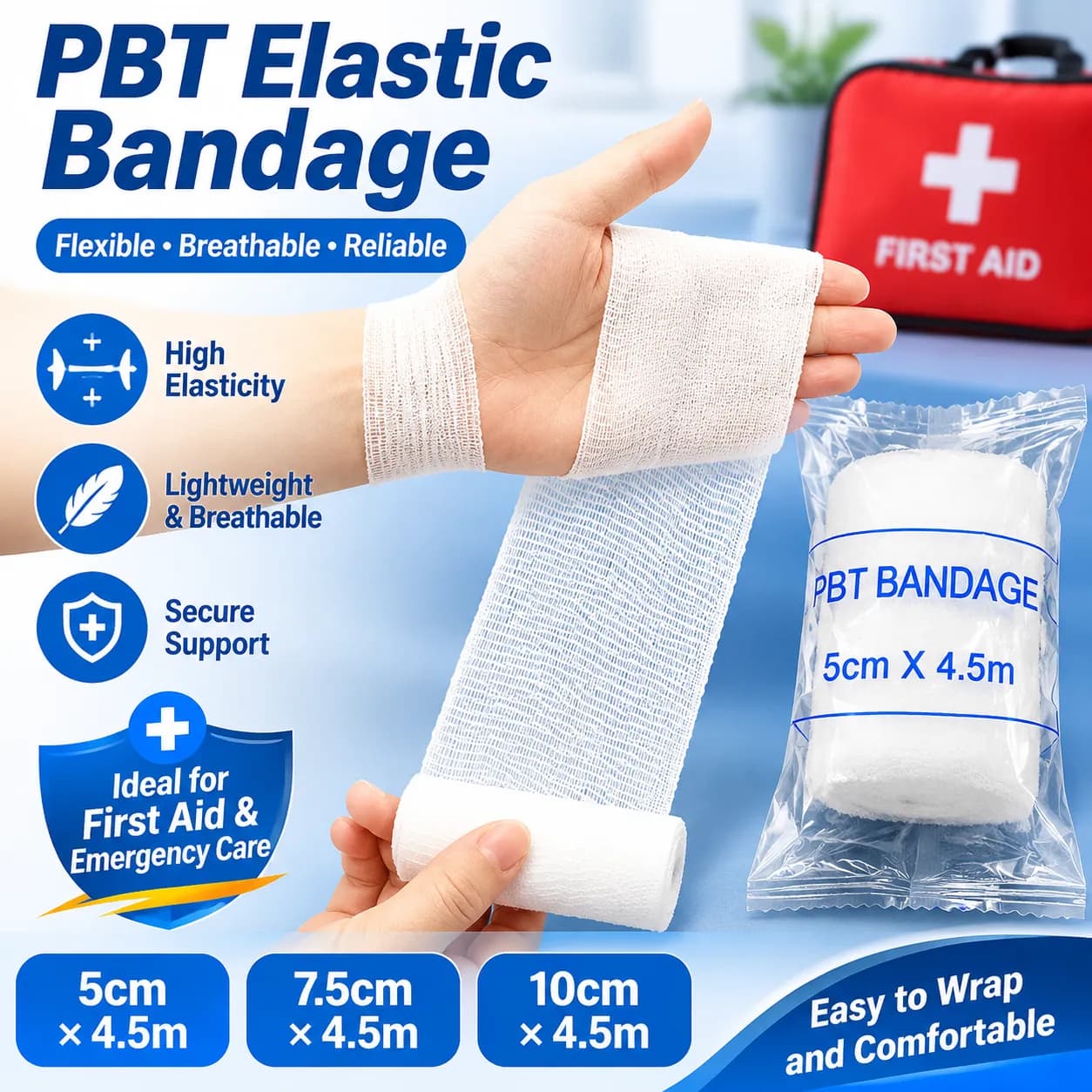Bande élastique PBT pour premiers secours – 5cm / 7,5cm / 10cm x 450cm