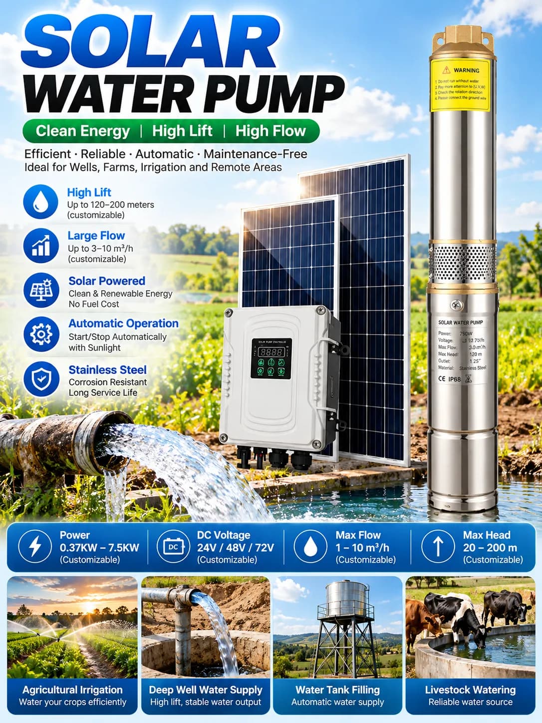 Pompe submersible solaire – acier inoxydable, alimentation DC, 12 modèles pour gros