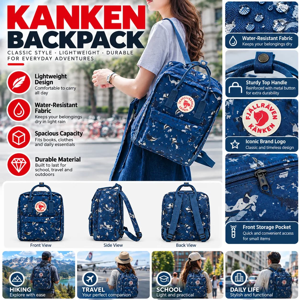 Sac à dos imperméable en nylon avec compartiment ordinateur – 16" daypack décontracté pour voyage
