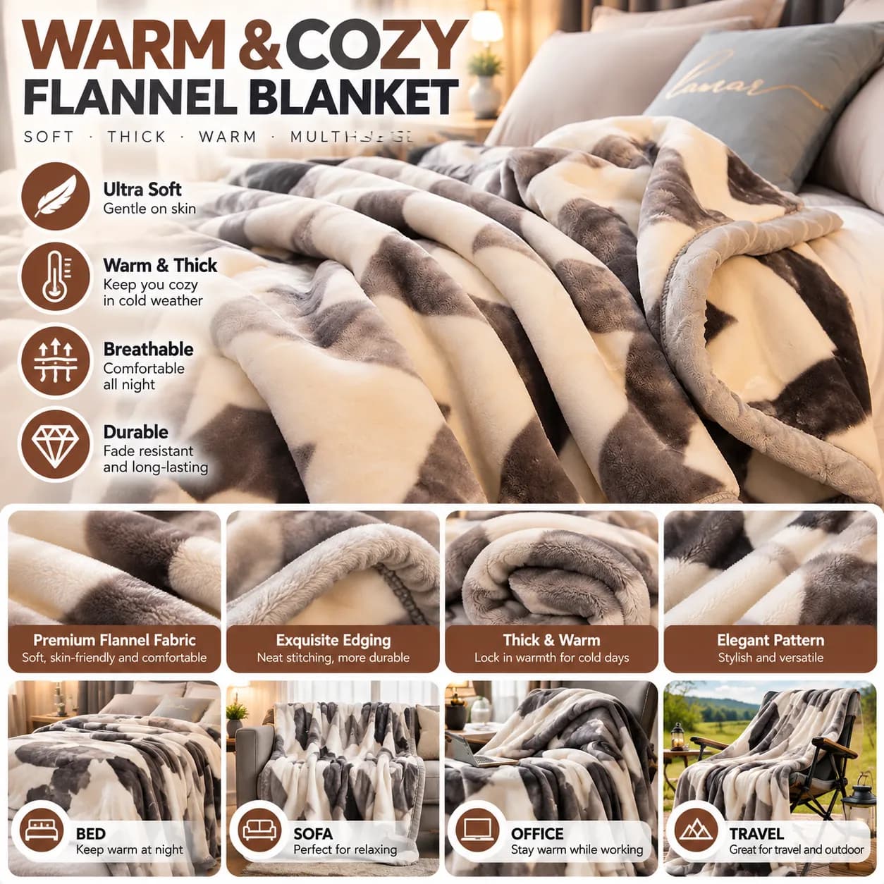 Couverture polaire Raschel – Plaid double couche en polaire pour canapé et lit, chaleur hivernale