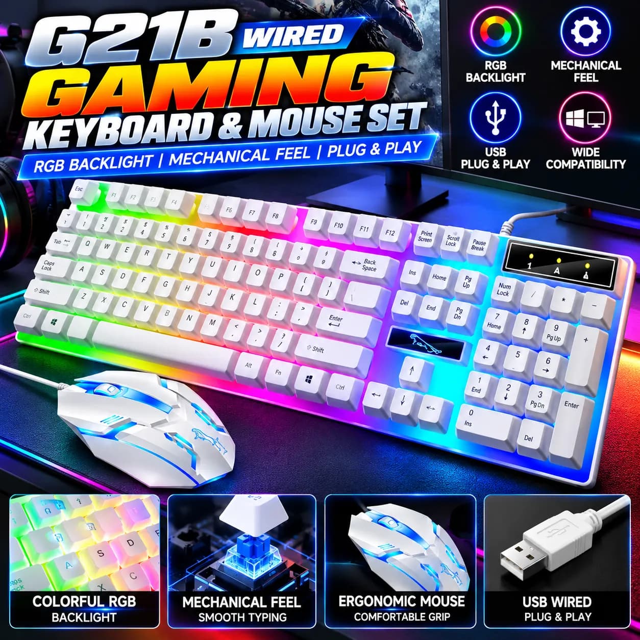 Wired Keyboard and Mouse Combo with Backlight - 1000DPI Optical, USB, Ergonomic