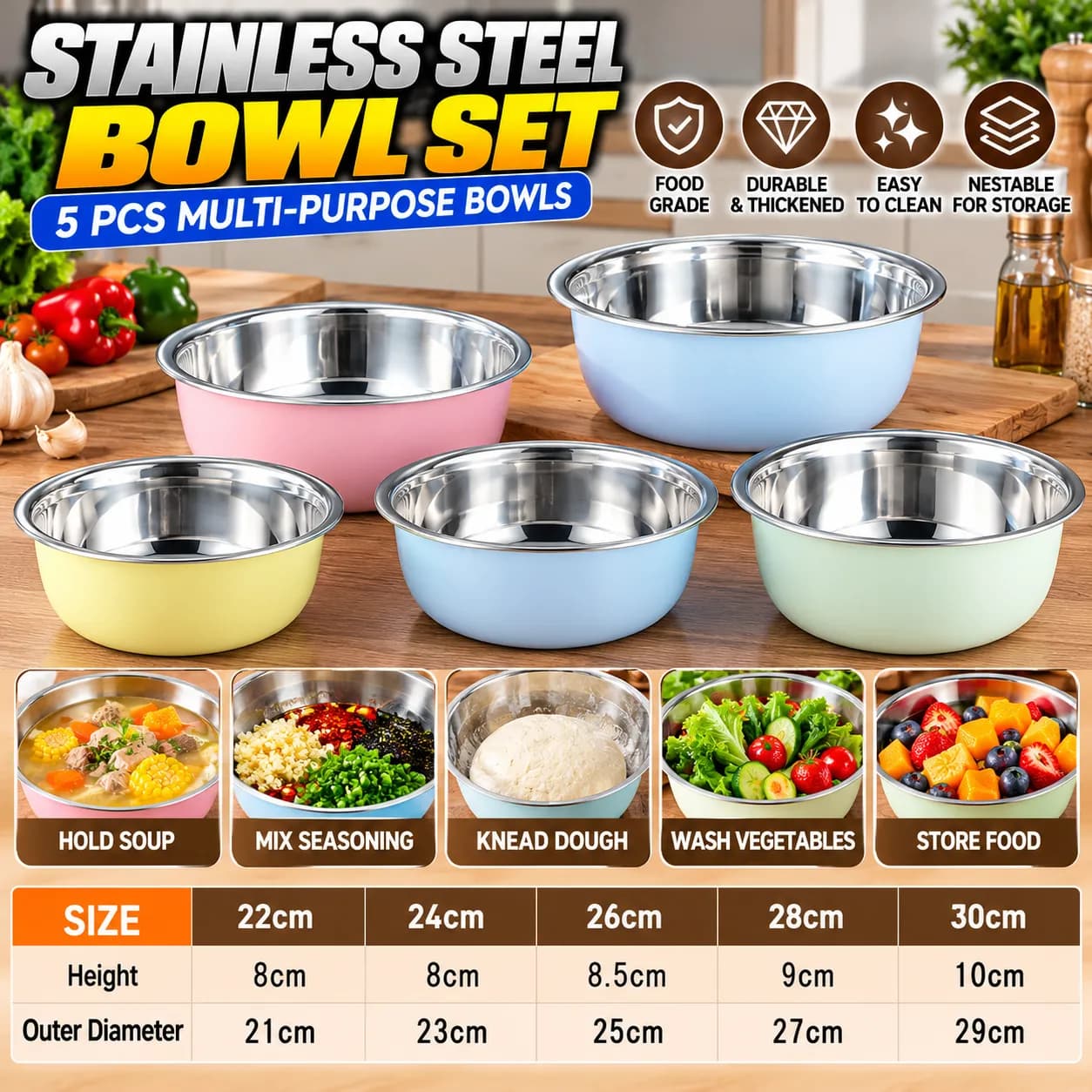 Ensemble de bassines de cuisine multiusages colorées - 4 tailles