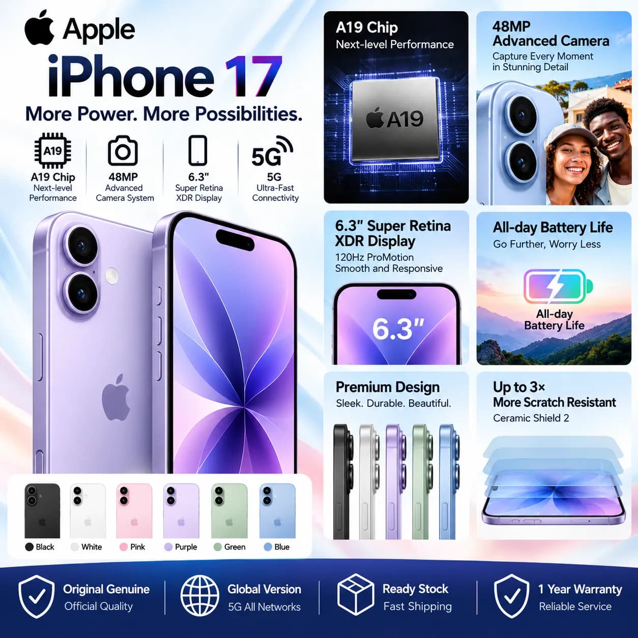 iphone 17 6.3-Inch Smartphone with 48MP Camera — 256GB / 512GB, Five Colors