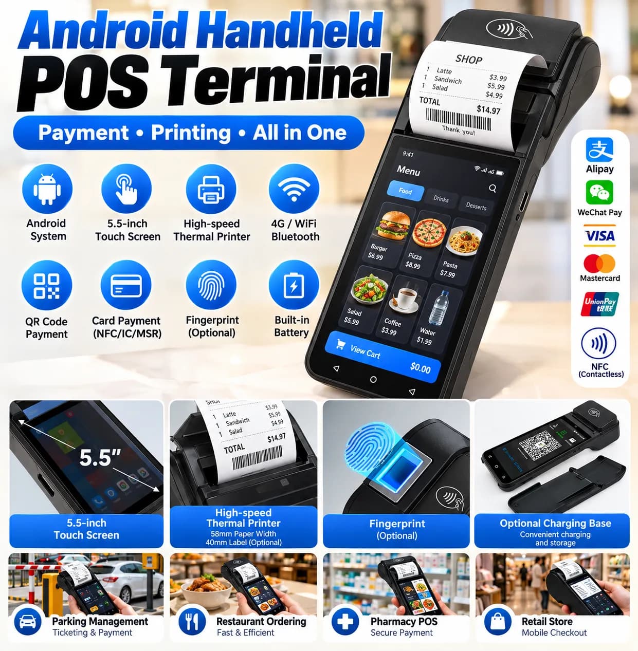 Terminal POS portable avec écran Android 5,5" et connectivité multi-réseaux