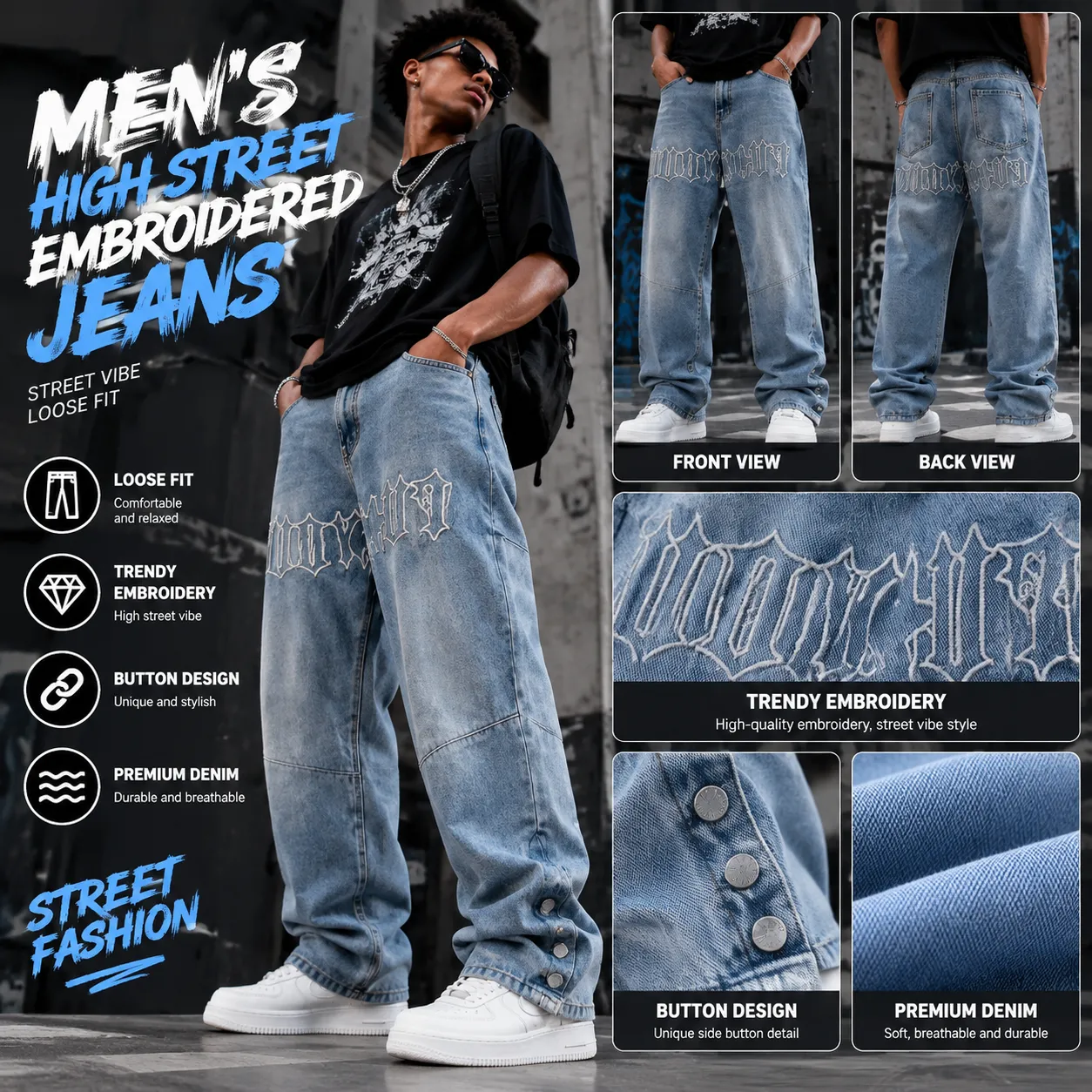Men's Loose Straight Denim Jeans with Embroidered Detail