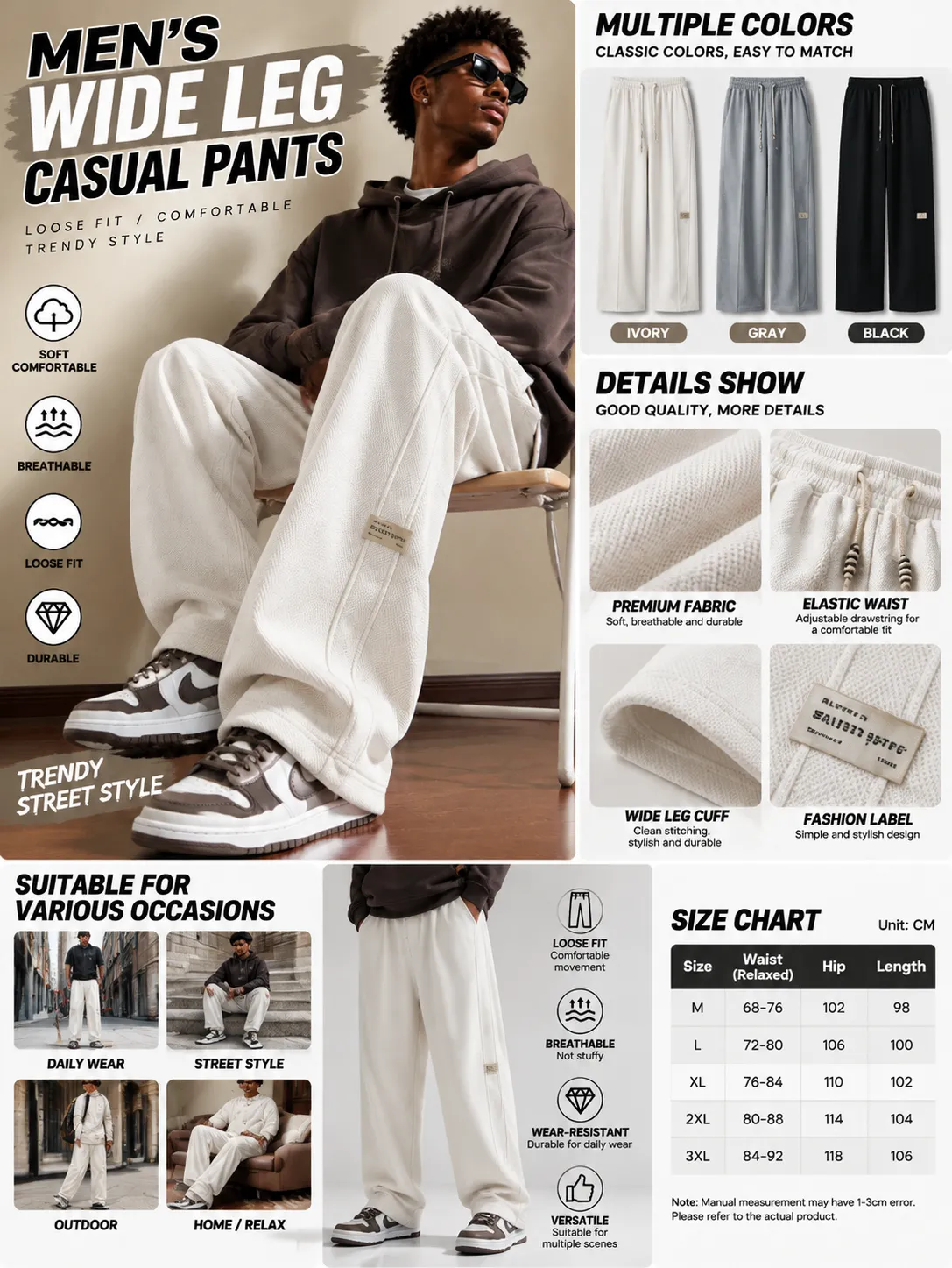 Pantalon casual droit pour homme – polyester léger, imprimé lettres, tailles M–3XL — détail 1