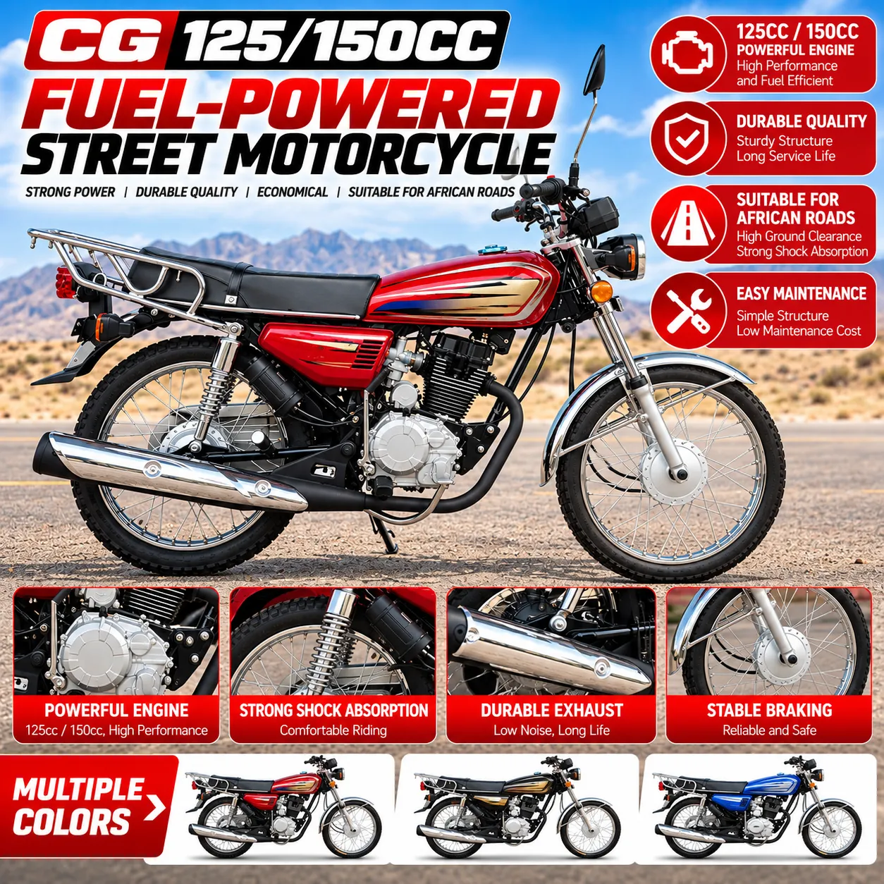 125cc Motorcycle - 90km/h, 9L Fuel Tank, 256kg Load Capacity