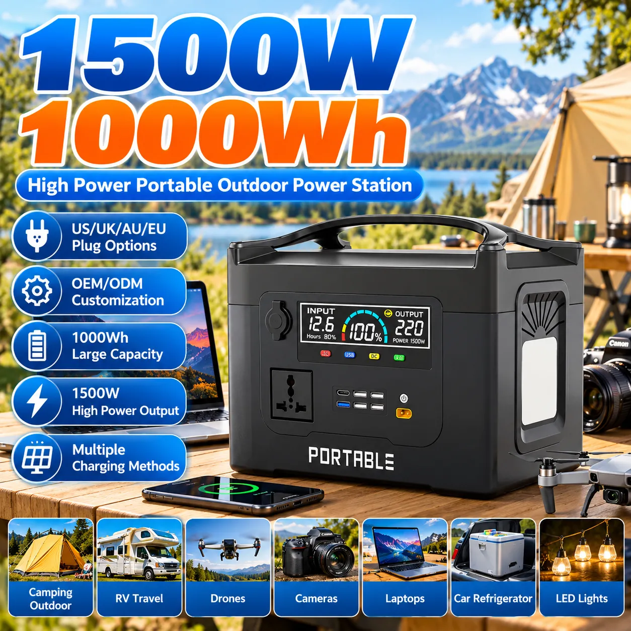 Portable Outdoor Power Station 350–1500W LiFePO4 Solar-Ready for Camping & Backup