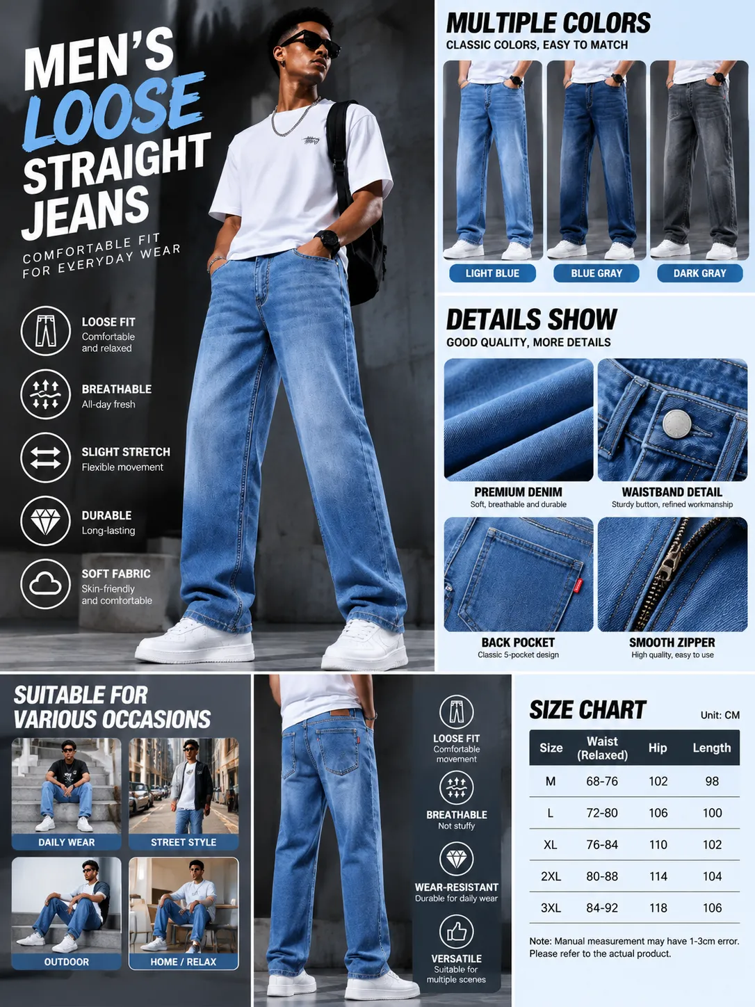 Men's Loose-Fit Straight-Leg Denim Jeans – Light Wash, Mid-Rise, Summer Weight detail 1