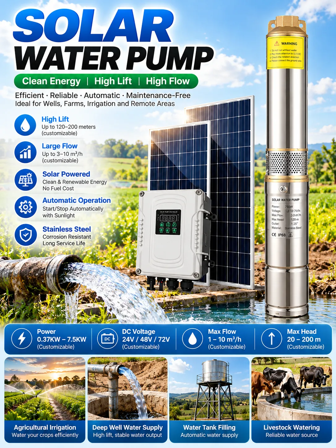 Solar Submersible Water Pump – Stainless Steel, DC Powered, 12 Models for Wholesale